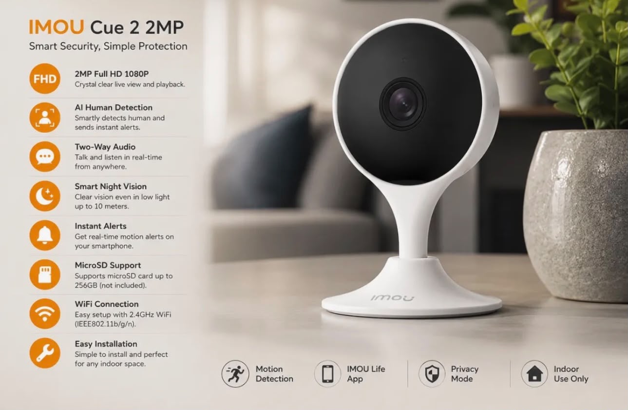 CUE 2 Smart WiFi Indoor Security Camera – Full HD 2K, Night Vision & Two-Way Audio