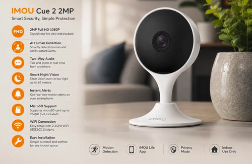 CUE 2 Smart WiFi Indoor Security Camera – Full HD 2K, Night Vision & Two-Way Audio
